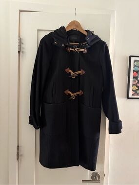 J. Crew Dark Navy Hooded Wool Duffle Coat with Leather Trim